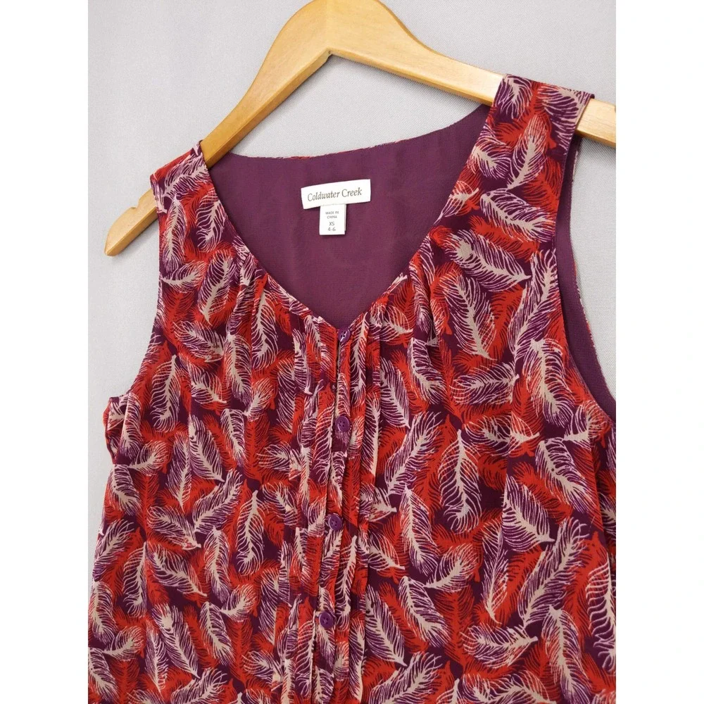 Coldwater Creek Blouse Women XS Red Purple Feather Print Pleated Chiffon Tank